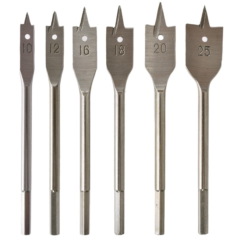 6-Piece Hex Shank Wood Spade Drill Bit Set (10–25 mm)