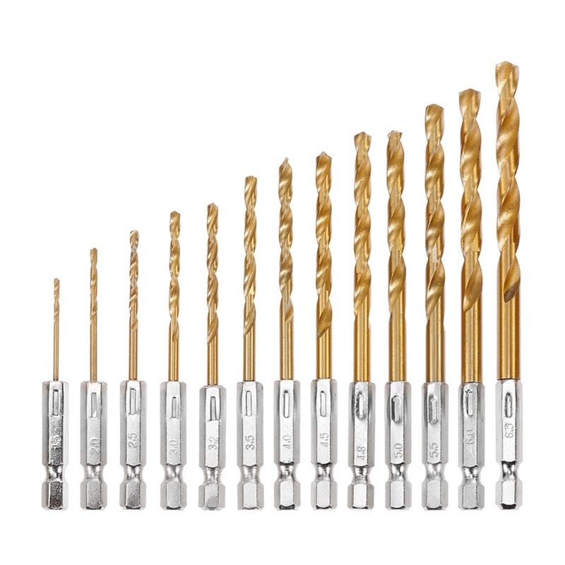 Juego de 13 brocas helicoidales HSS con vástago hexagonal y recubrimiento de titanio